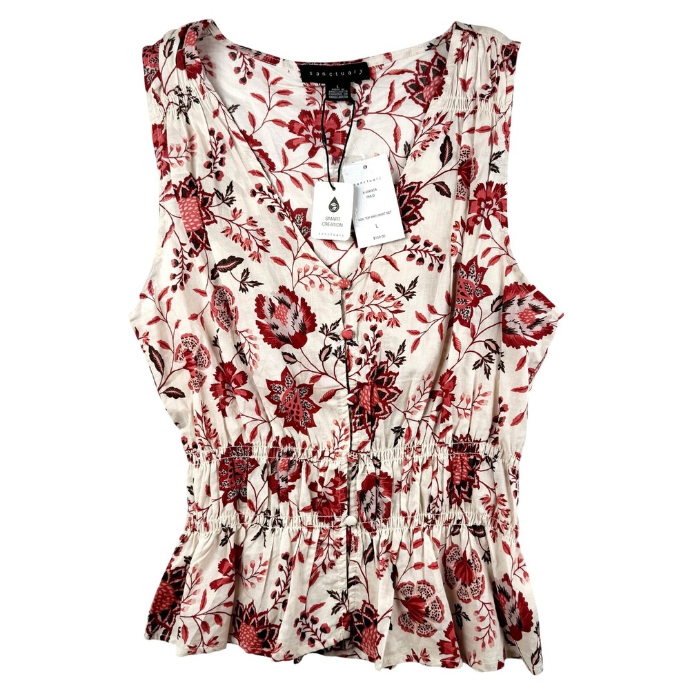 Sanctuary Red Floral Cotton Voile Smocked Peplum Top Sleeveless V-Neck Large NWT